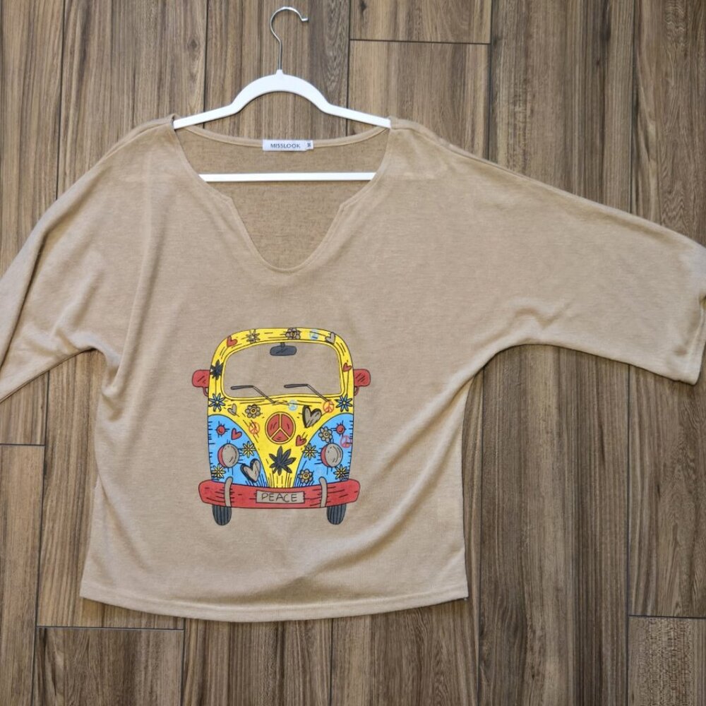 MISSLOOK  VW‎ Hippie Boho Knit V Neck Peace Bus Top Size Med.